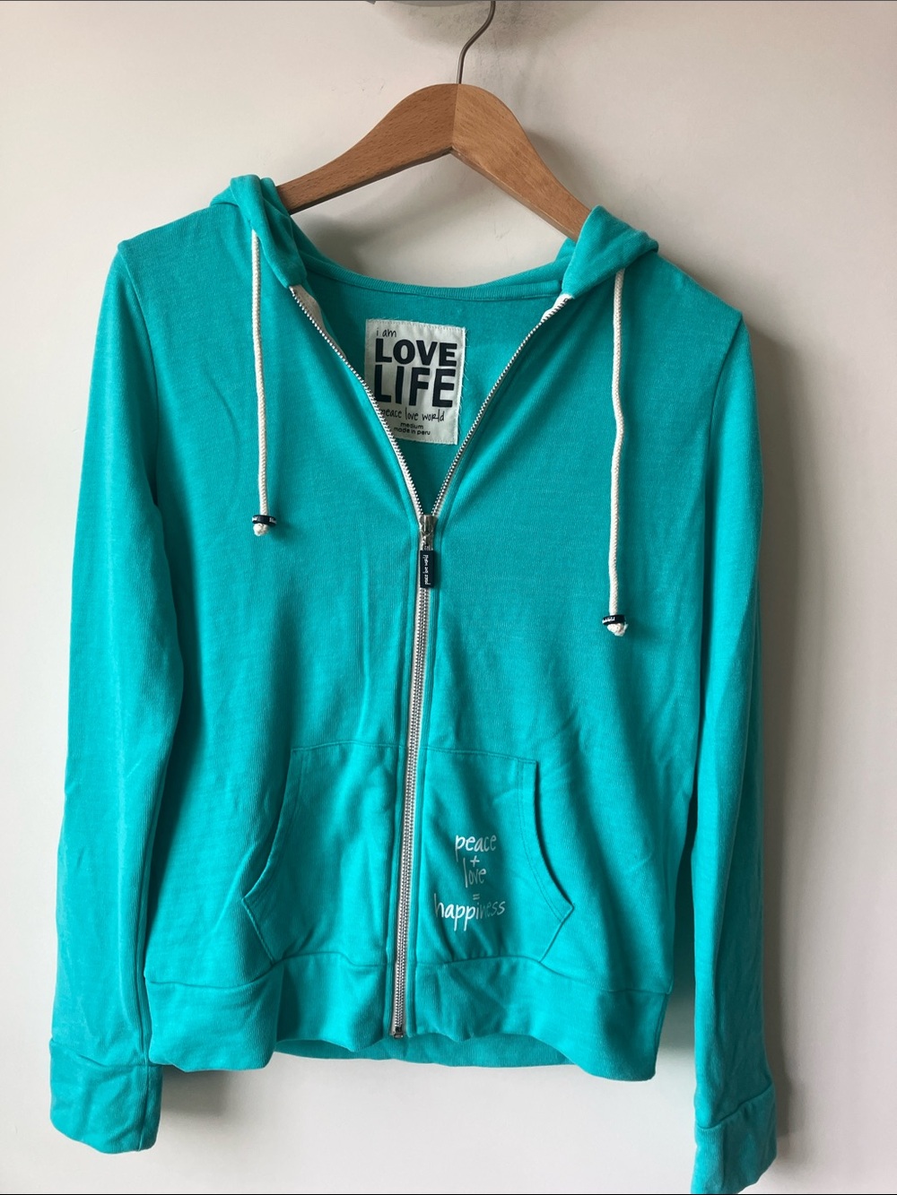 PEACE LOVE WORLD Embroidered Turquoise Zip Up Hoodie Peace Theme Size M NWOT